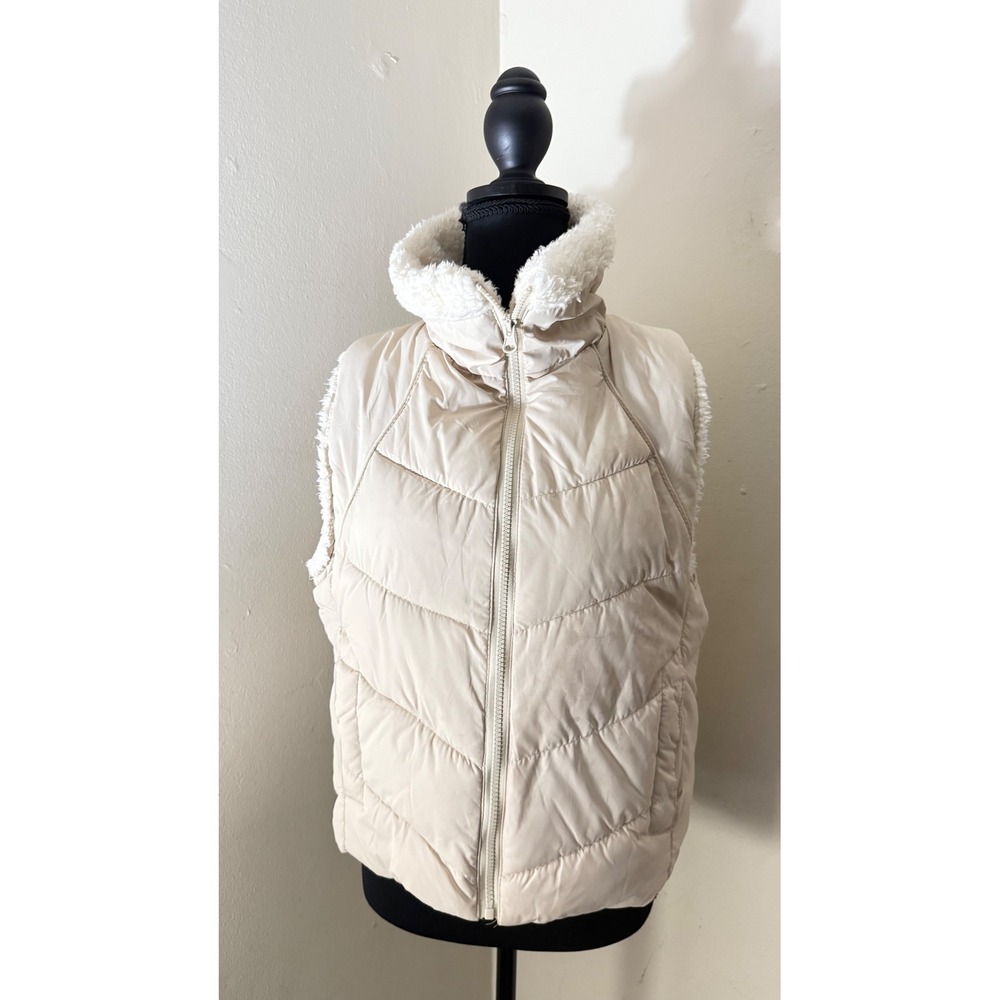 PAO  Puffer Vest Womens L Beige Cream Quilted Faux Fur Collar Sleeveless Jacket